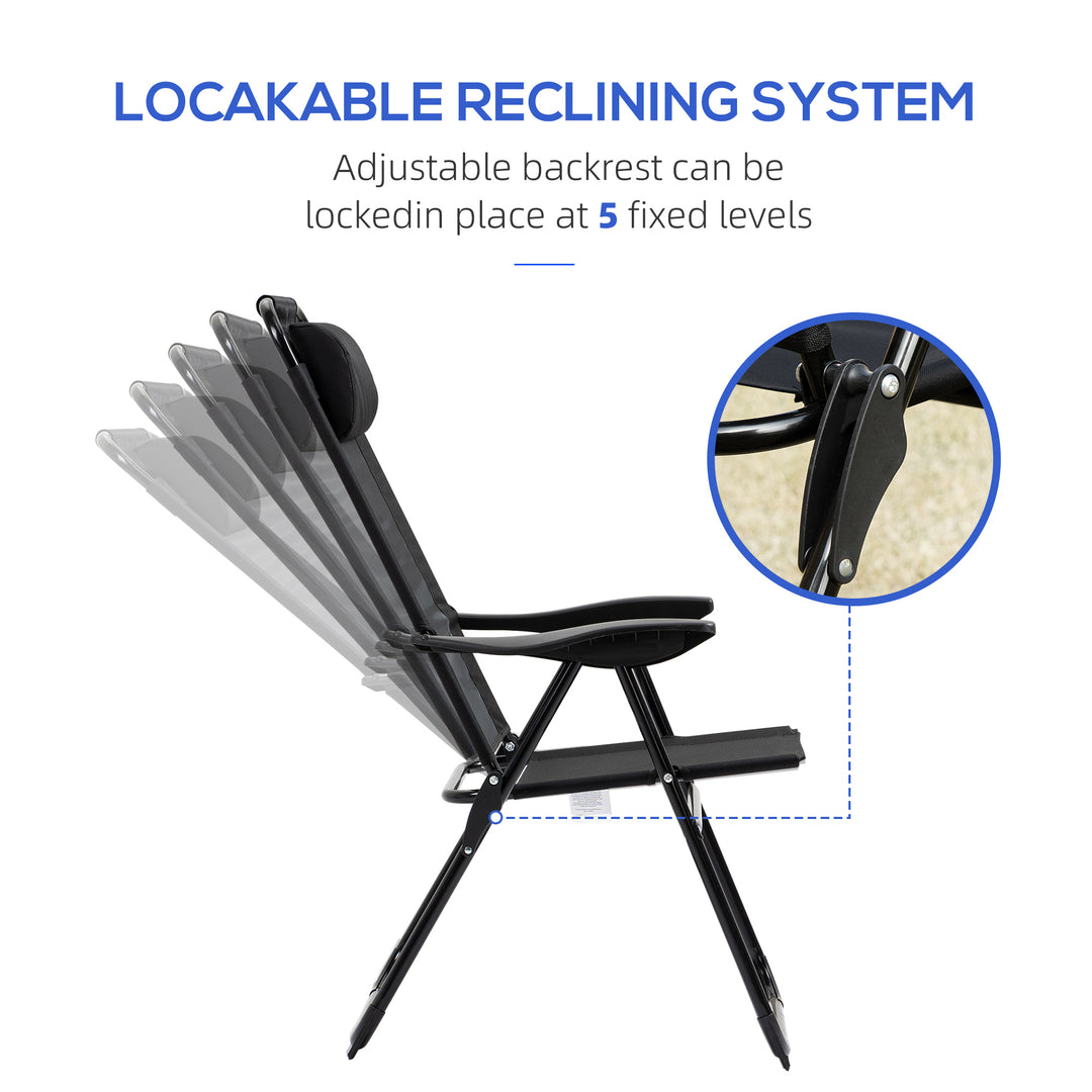 Set of 2 Portable Folding Recliner Metal Outdoor Patio Chaise Lounge Chairs with Adjustable Backrest, Black