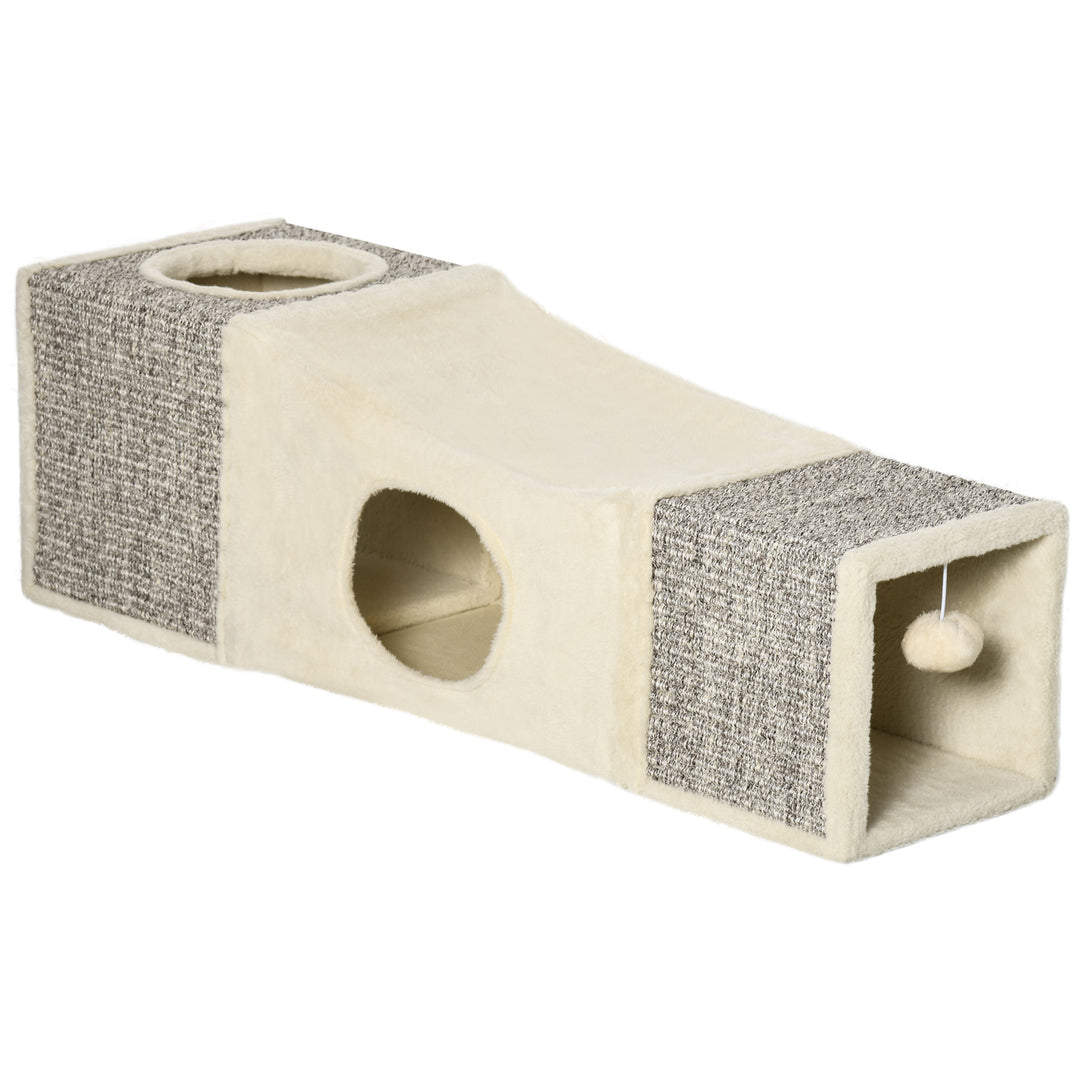 Cat Tunnel, Plush Large Play Tunnel with Two Caves and Hanging Ball, C