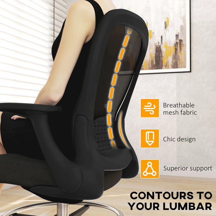 Draughtsman Chair, Mesh Drafting Chair, Ergonomic Office Chair with Flip-up Armrest, Adjustable Foot Ring, Black