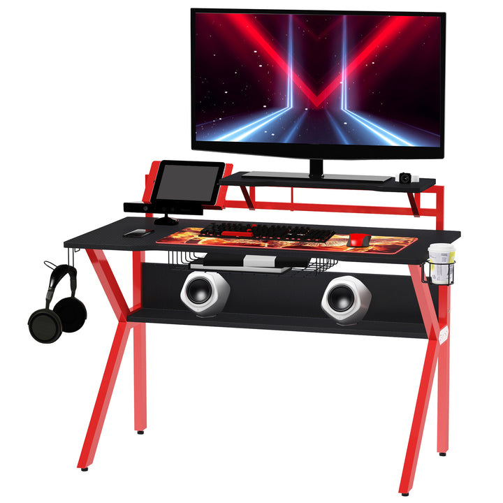 HOMCOM Gaming Desk with Metal Frame: Adjustable Feet, Cup Holder, Headphone Hook & Cable Management, Fiery Red | Aosom UK