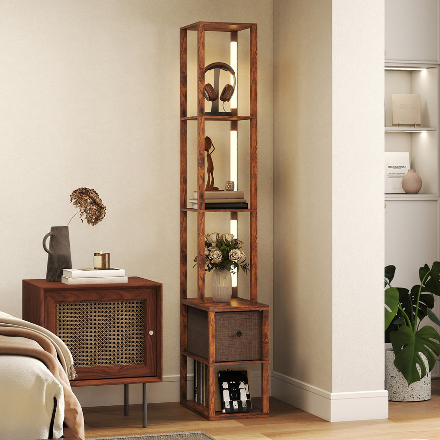 Floor Lamp with Shelves, LED Column Modern Standing Lamp with Fabric Drawer, Adjustable Brightness, Foot Switch for Living Room, Bedroom, Office, Rustic Brown