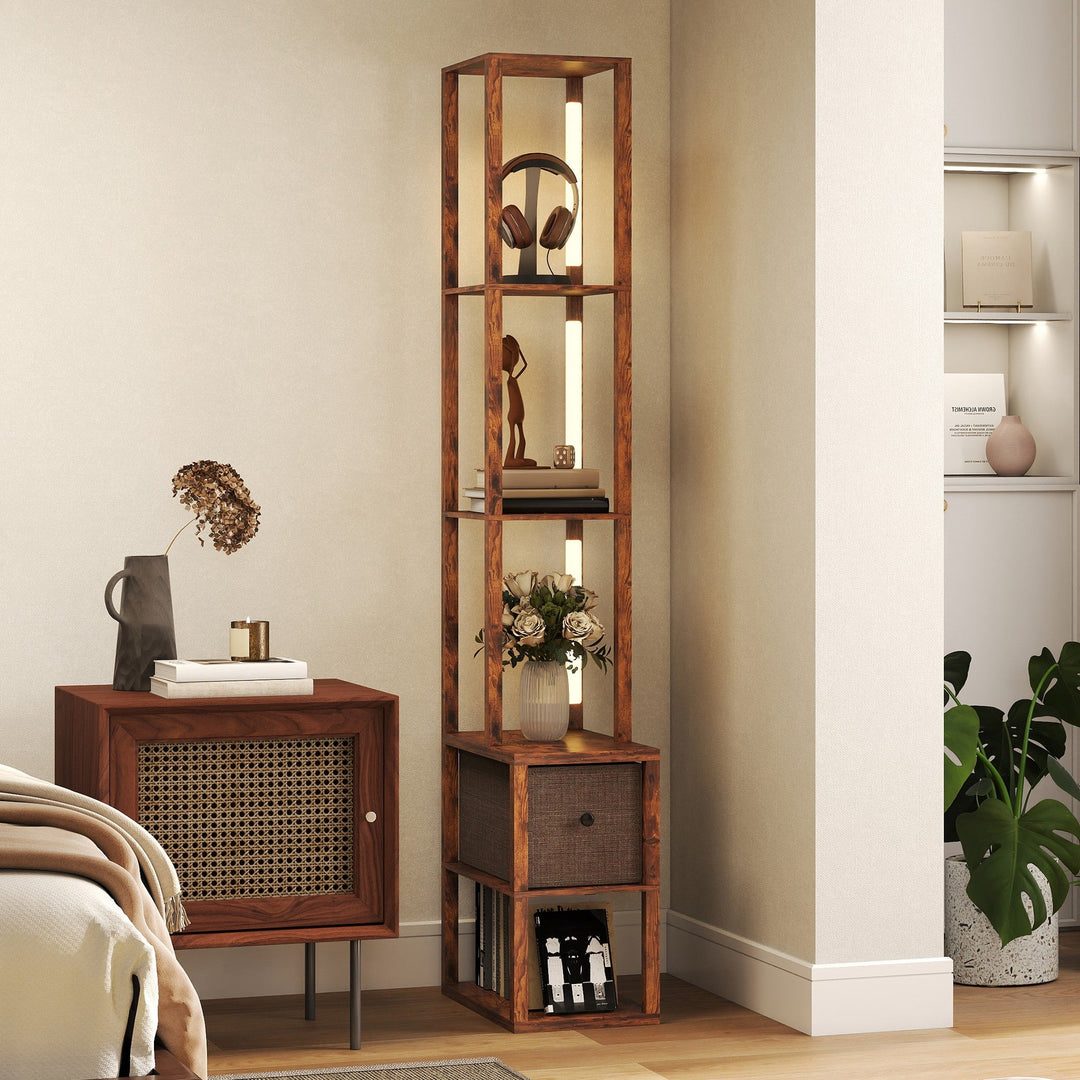 Floor Lamp with Shelves, LED Column Modern Standing Lamp with Fabric Drawer, Adjustable Brightness, Foot Switch for Living Room, Bedroom, Office, Rustic Brown