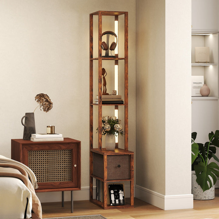 Floor Lamp with Shelves, LED Column Modern Standing Lamp with Fabric Drawer, Adjustable Brightness, Foot Switch for Living Room, Bedroom, Office, Rustic Brown