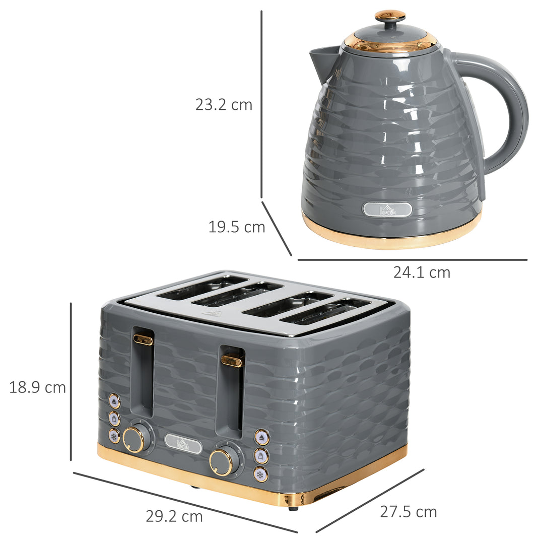 Kettle and Toaster Sets, 3000W 1.7L Rapid Boil Kettle & 4 Slice Toaster with 7 Browning Controls, Defrost, Reheat and Crumb Tray, UK Otter thermostat, Grey