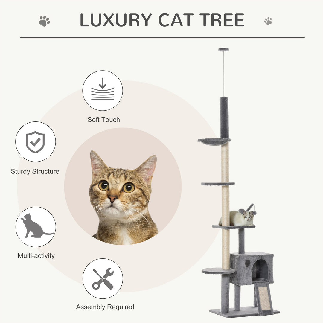 PawHut Cat Tower, 280cm Huge Activity Center Floor-to-Ceiling with Scratching Post, Hammock, Hanging Ball, Light Grey | Aosom UK