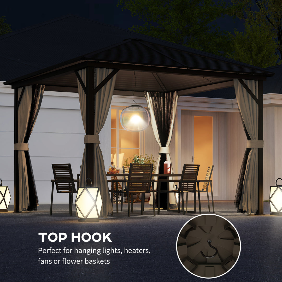 3 x 3(m) Metal Hardtop Gazebo, with Curtains and Accessories - Brown