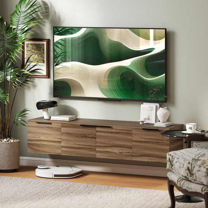 Floating TV Unit, 150 cm Wall Mounted TV Stand Cabinet with Shelves and Doors, Entertainment Media Console for Living Room, Bedroom, Rustic Brown