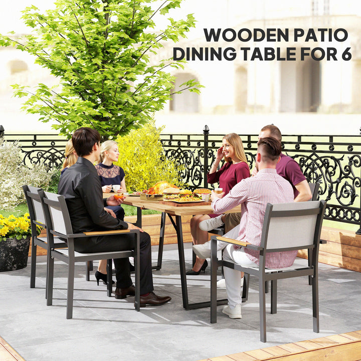 6 Seater Wooden Garden Dining Table, 175 x 80 cm Rectangular Outdoor Dining Table with 5cm Parasol Hole and Slatted Top, Weather Resistant for Patio, Terrace, Brown