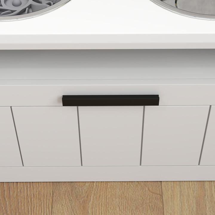 Raised Dog Bowl with Slow Feeder, Two Stainless Steel Dog Bowls, Drawer, for Large and Extra Large Dogs, White