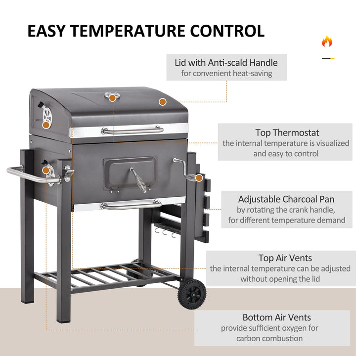 Charcoal Grill BBQ Trolley with Adjustable Charcoal Grate, Garden Metal Smoker Barbecue with Shelf, Side Table, Wheels, Built-in Thermometer, Bottle Opener