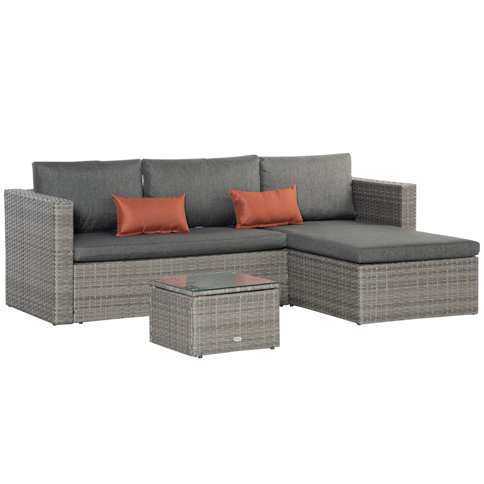 3 Pieces Outdoor PE Rattan Sofa Set, Patio Wicker Conversation Chaise Lounge Furniture w/ Tempered Glass Table-top & Soft Padded Cushion for Garden, Backyard, Lawn, Grey