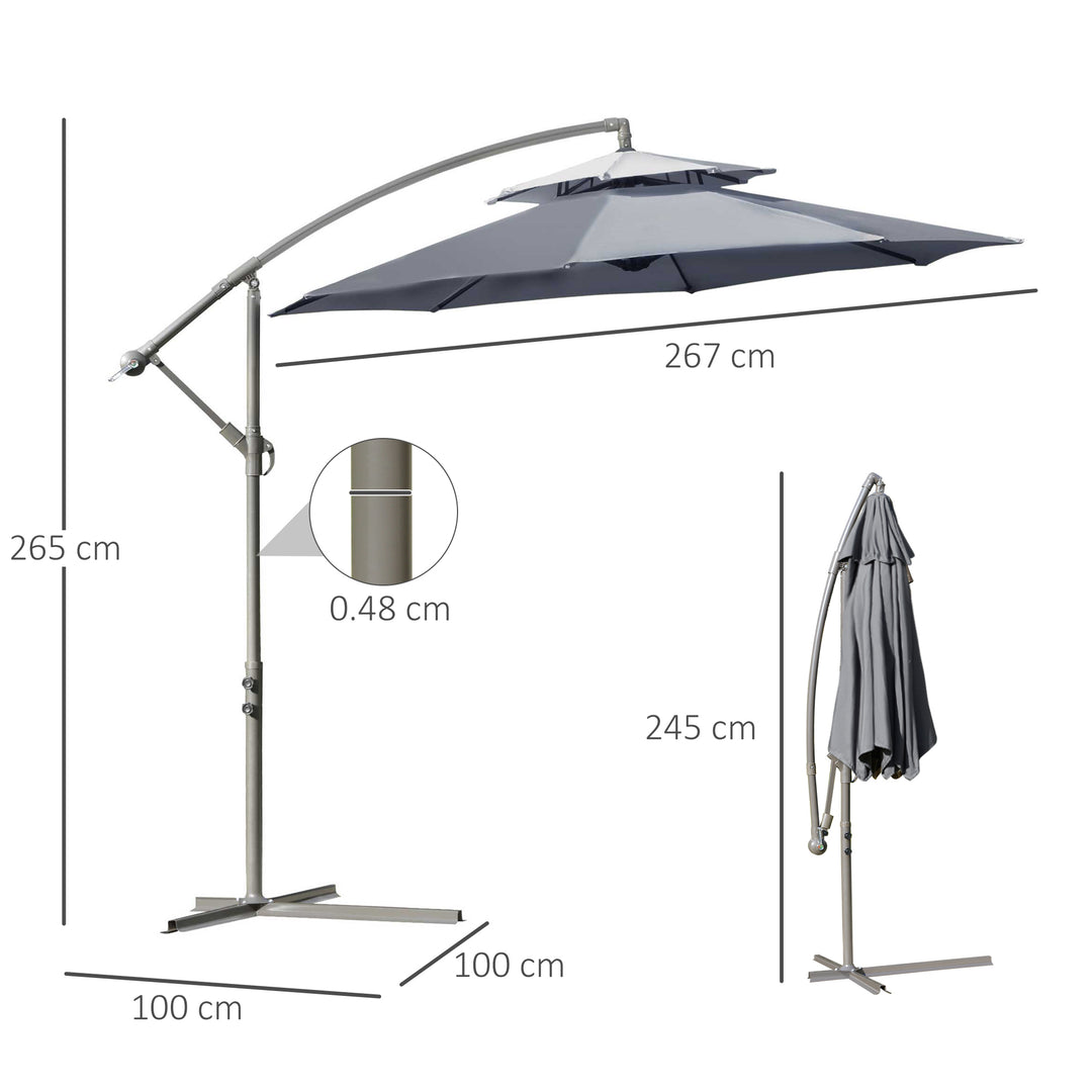 MCL 2.7m Garden Banana Parasol Cantilever Umbrella with Crank Handle, Double Tier Canopy and Cross Base for Outdoor, Hanging Sun Shade, Dark Grey