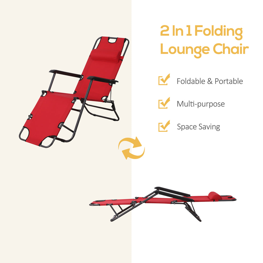2 in 1 Folding Sun Lounger Reclining Garden Chair Set of 2 with 2-Level Adjustable Backrest, Outdoor Zero Gravity Recliner Garden Chairs with Head Pillow and Armrests, Red