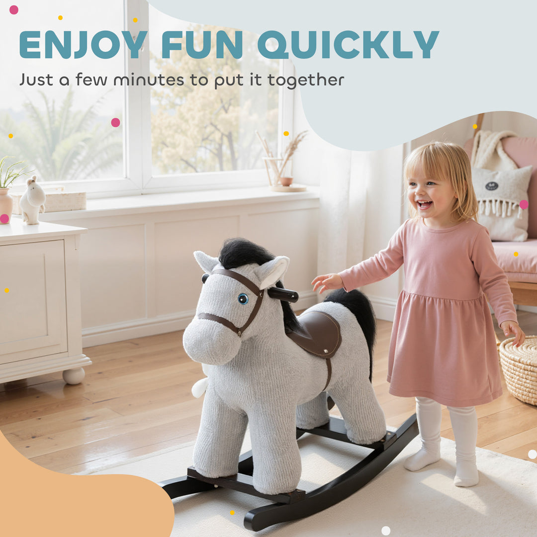 Baby Rocking Horse, Plush Ride on Toy with Handle Grip, Sound and Doll, Toddler Animal Rocker for Kids Aged 2-5