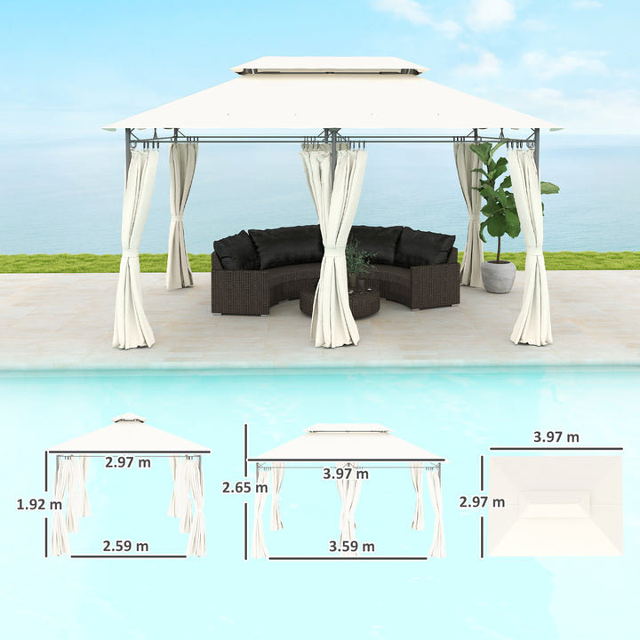 3 x 4m Metal Frame, Two-Tier Roof Gazebo - Cream White
