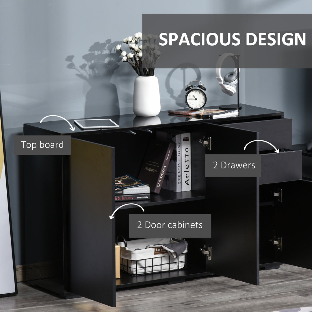 High Gloss Side Cabinet, Push-Open Design with 2 Drawers and 2 Cabinets for Living Room, 74H x 117W x 36Dcm, Black