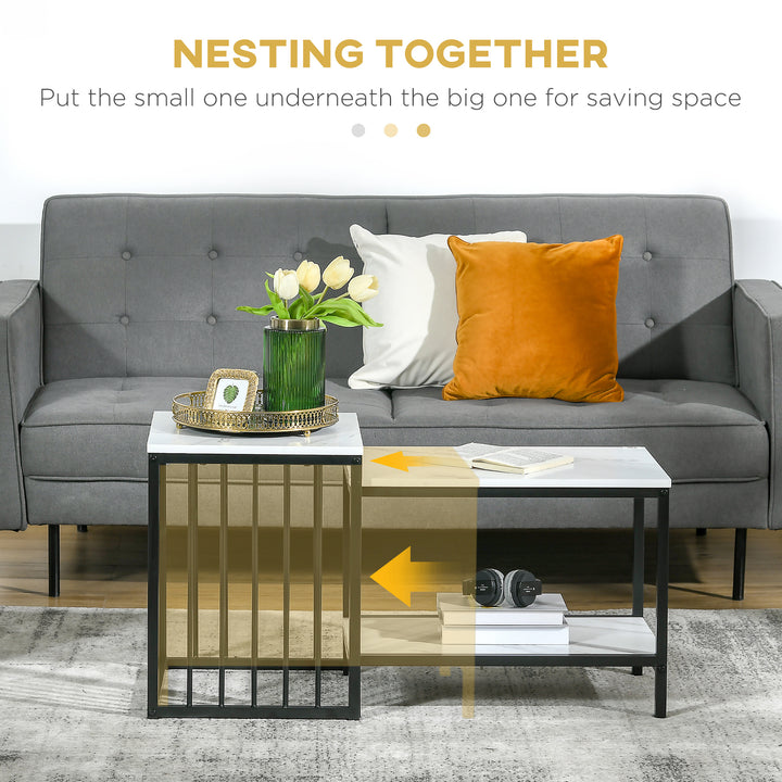 Modern Coffee Table Set of Two, Marble-Effect Nesting Side Tables with Steel Frame for Living Room, White, Black