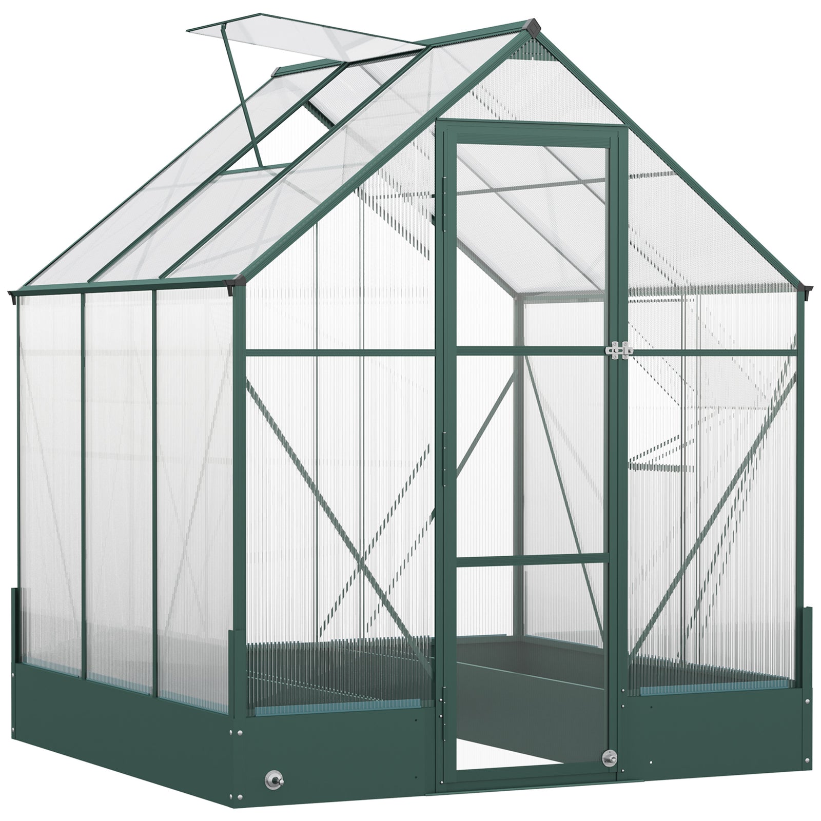 6x6 FT Polycarbonate Greenhouse with Base and Raised Bed, Walk-in Greenhouse with Aluminium Frame, Temperature Controlled Window, Foundation for Plants, Flowers, Vegetable