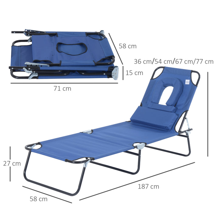 Outsunny Foldable Sun Lounger, Reclining Garden Chair with Pillow and Reading Hole, Adjustable, Blue