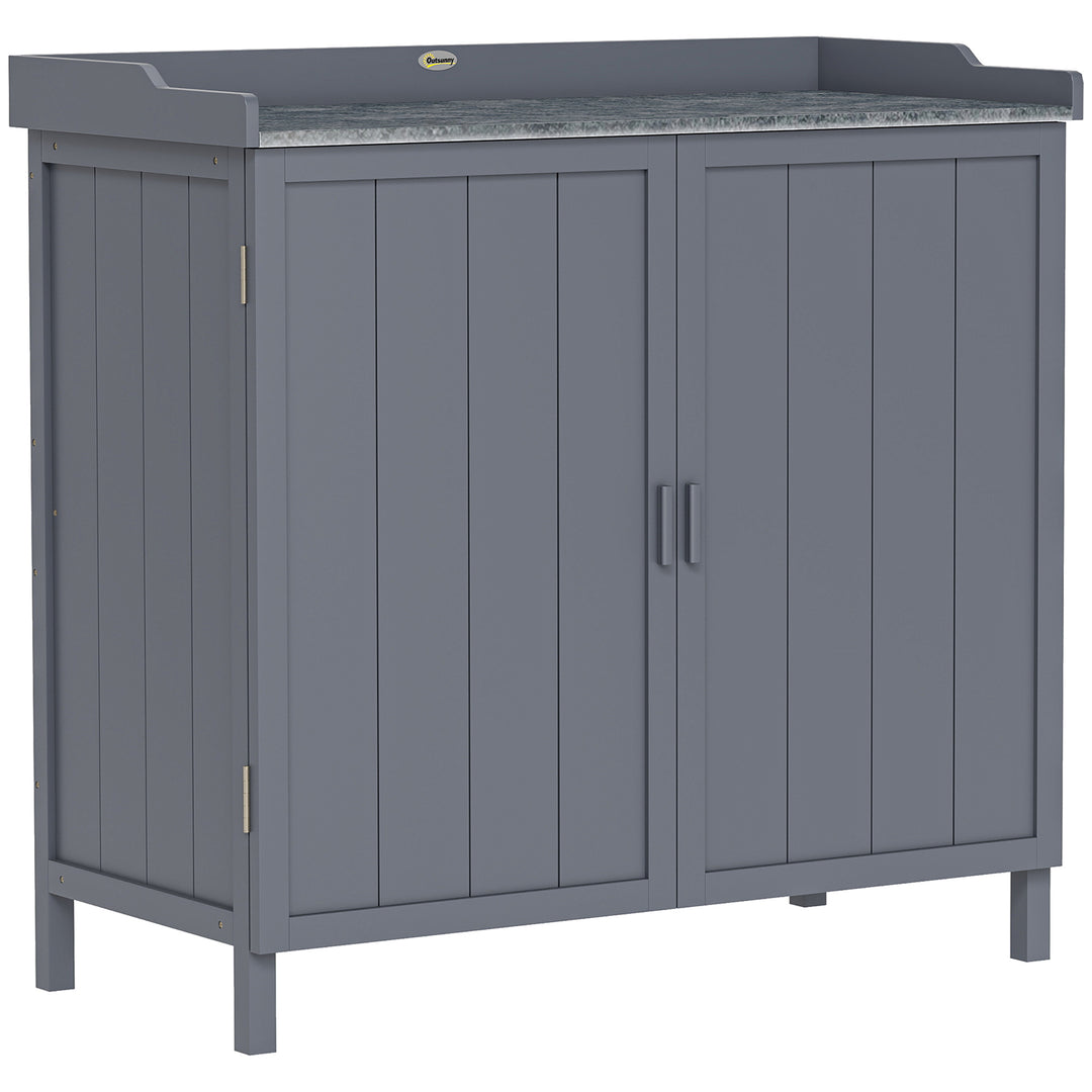 MCL Wood Garden Storage Cabinet, Outdoor Tool Shed, Potting Bench Table with Galvanized Top and Two Shelves for Yard Tools or Pool Accessories, Grey