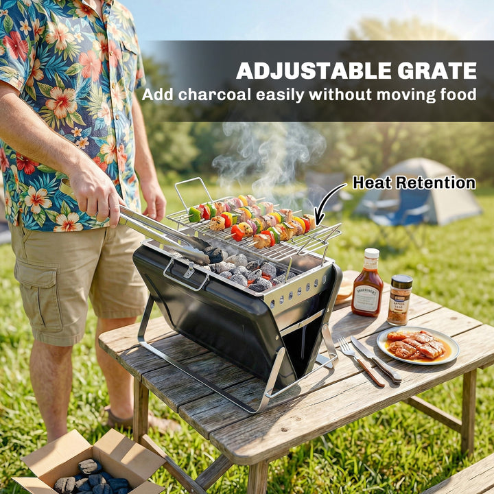 Charcoal BBQ Grill Portable Stainless Steel Barbecue with Tilting Grat