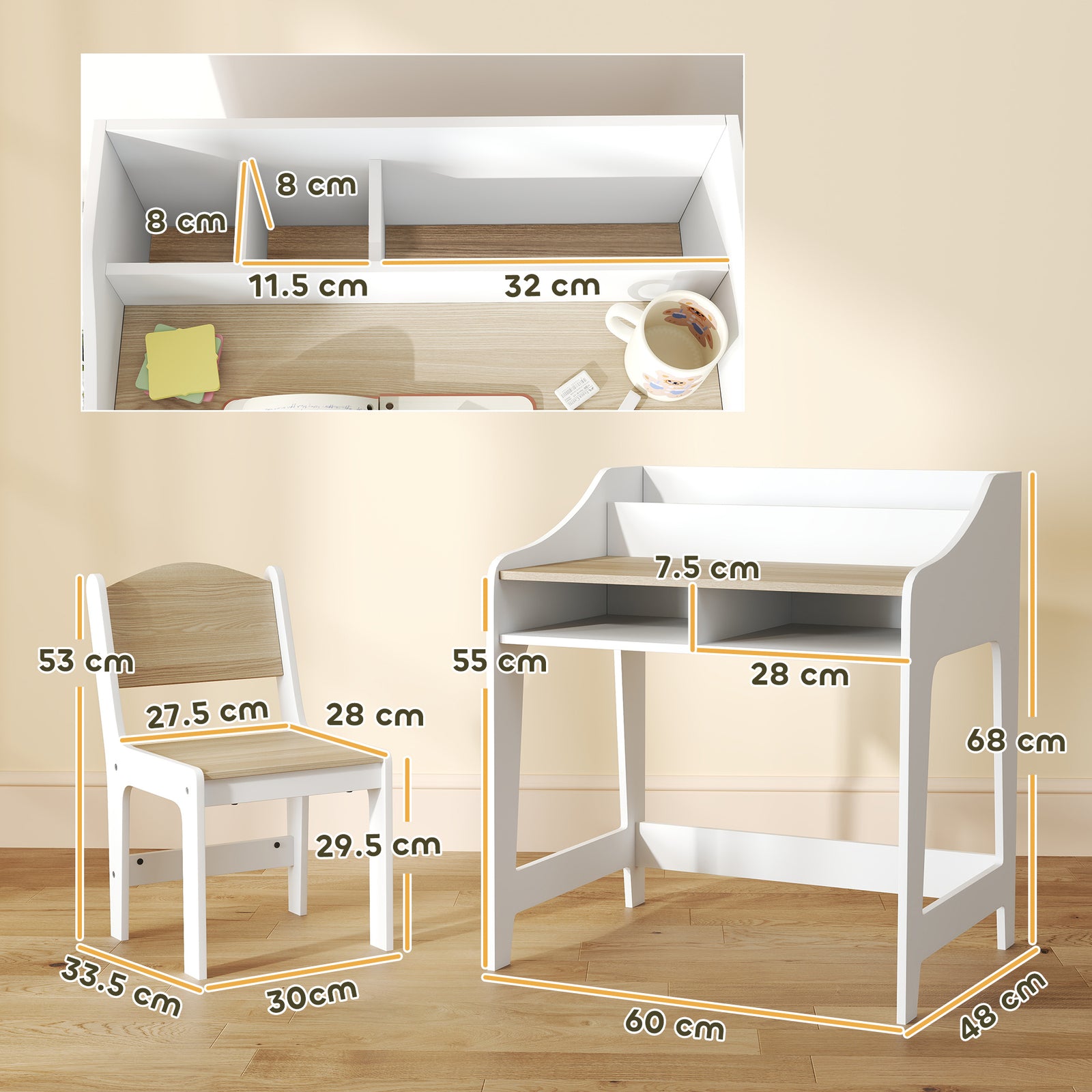 Kids Desk and Chair Set, Children Study Table with Storage and Shelves