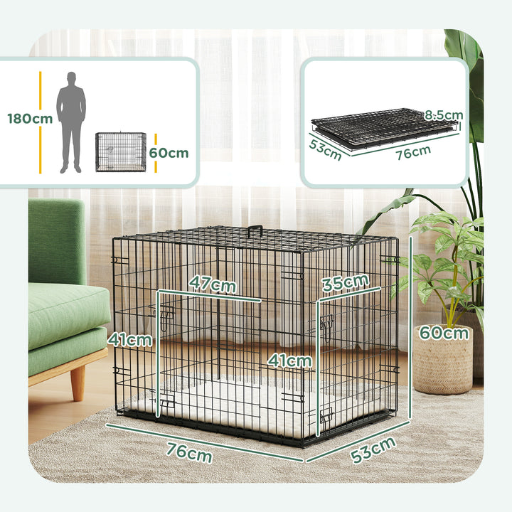 Foldable Dog Crate with 2 Doors with Tray, Soft Cushion, for Small Dogs, 76 x 53 x 60, Black
