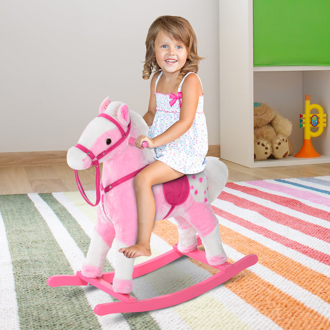 MCL Baby Rocking Horse Plush Ride on Animals Rocker with Sound Handle Grip for Kids 3-6 Years - Pink