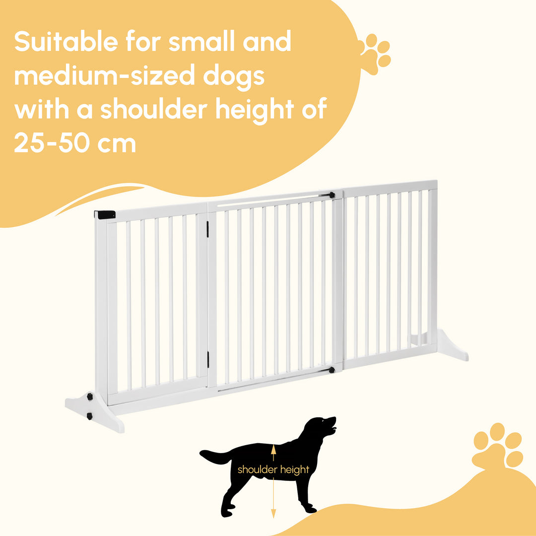 Wooden Dog Gate, Dog Fence Indoor, Freestanding Dog Barrier, Adjustable Lockable Fence with 3 Panels, 71H x 113-166W cm, White