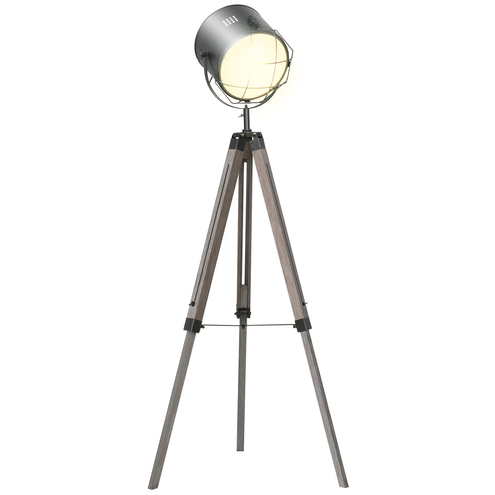 Floor Lamp with Adjustable Tripod for Living Room Bedroom, Vintage Spotlight Reading Lamp with Wood Legs, 115-155cm, Grey