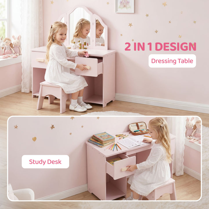 Kids Dressing Table, Kids Vanity Table and Chair Set with Tri-Folding 