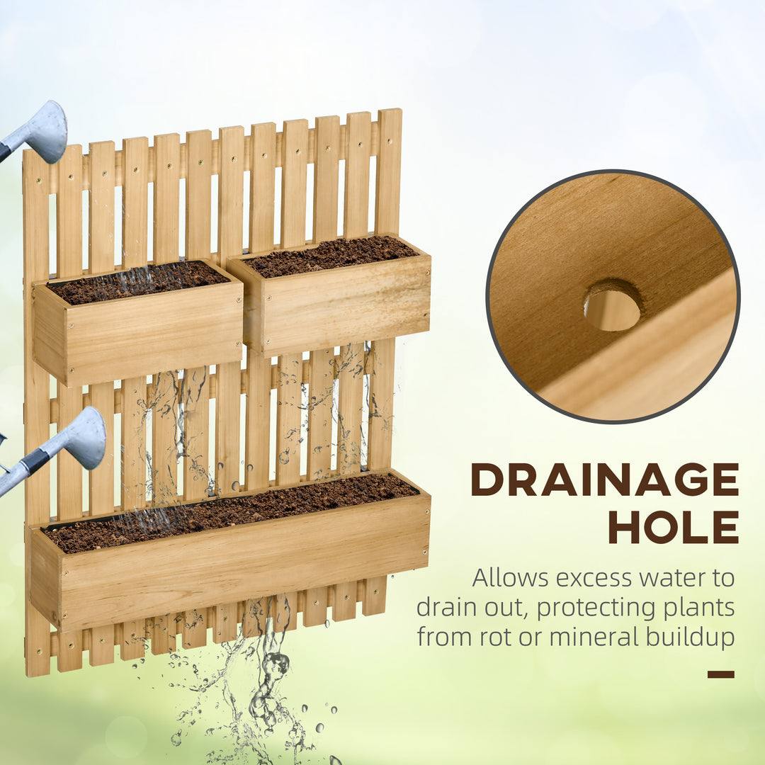 Wall-mounted Wooden Garden Planters with Trellis, Drainage Holes and 3 Planter Boxes for Patio, Natural