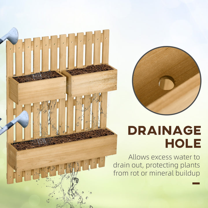 Wall-mounted Wooden Garden Planters with Trellis, Drainage Holes and 3 Planter Boxes for Patio, Natural