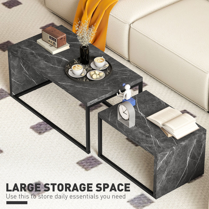 Coffee Tables Set of 2, Industrial Nest of Tables with Metal Frame for Living Room Bedroom, Dark Grey Marble Effect