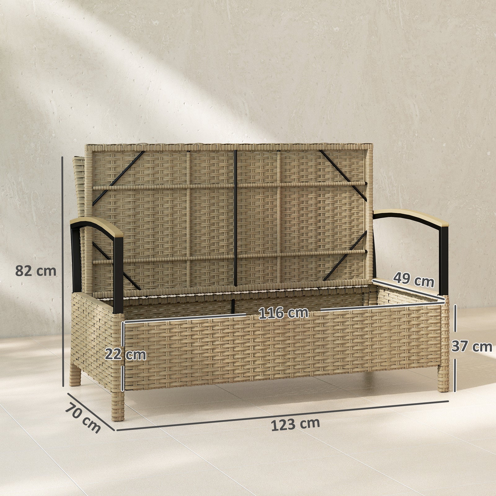125L Garden Storage Bench, 2 Seater PE Rattan Outdoor Bench Storage Bo