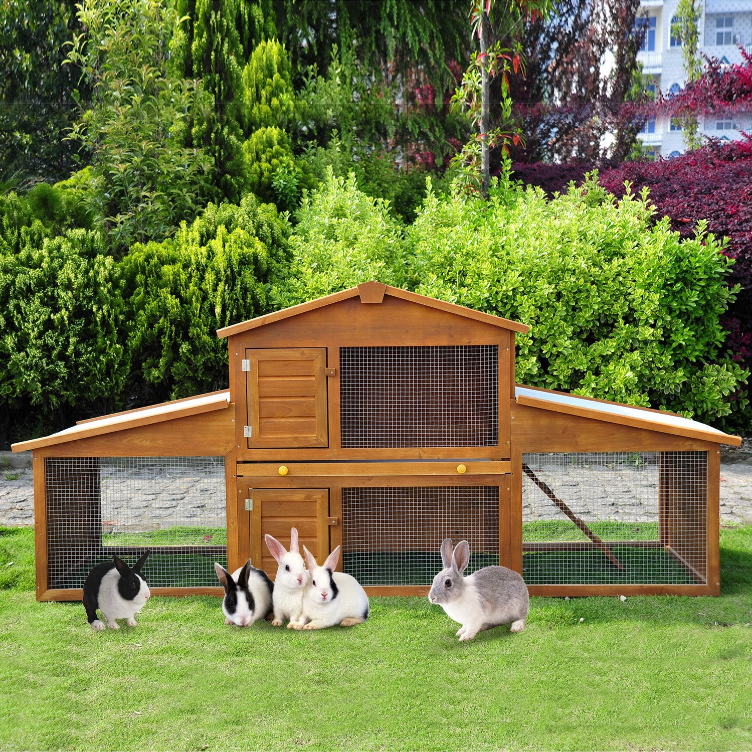Small Animal Deluxe XXL Fir Wood 2-Tier Guinea Pigs Hutches Natural Wood Tone