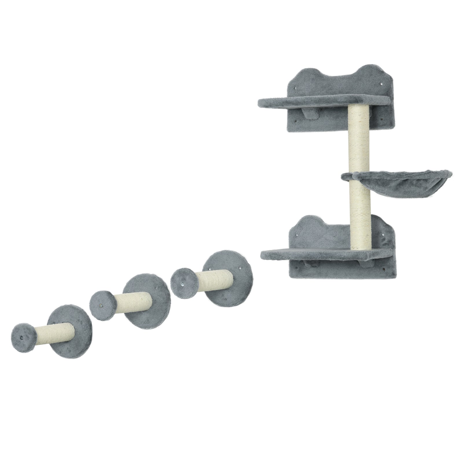 4 Piece Cat Shelf with Scratching Post, Wall-Mounted Cat Tree for Indoor Cat - Grey