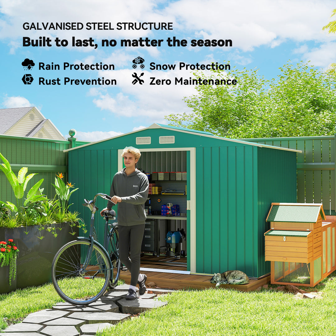 MCL 9 x 6ft Metal Garden Shed, Outdoor Storage Tool House with Ventilation Slots, Foundation Kit and Lockable Double Doors, Green