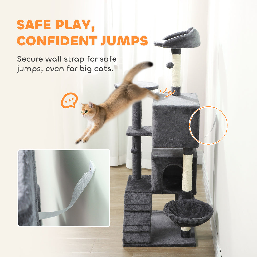 MCL 160cm Large Cat Tree Tower with Sisal Scratching Posts, Condos, Plush Perches, Hammock, Ladder, Dark Grey