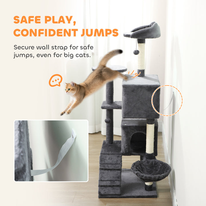 MCL 160cm Large Cat Tree Tower with Sisal Scratching Posts, Condos, Plush Perches, Hammock, Ladder, Dark Grey