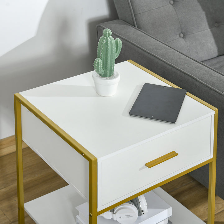 Modern Bedside Table, Nightstand with Drawer Shelf, Side Table for Living room, Bedroom White and Gold, Set of 2