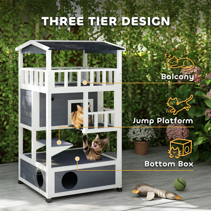 MCL Wooden Outdoor Cat House, 3-Tier Cat Shelter with Tilted Roof, Terrace, Jump Step, Bottom Tray and Elevated Base, Waterproof Paint, Grey
