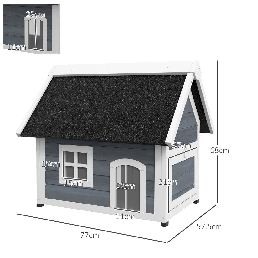 PawHut Outdoor Cat House, Wooden Feral Cat Shelter Waterproof Hide House with Openable Asphalt Roof and Three Doors, 77 x 57.5 x 68cm, Grey | Aosom UK