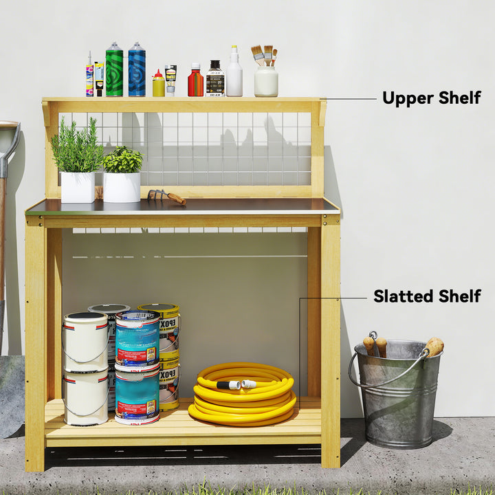 Wooden Potting Bench Table with Aluminium Worktop, Outdoor Garden Work
