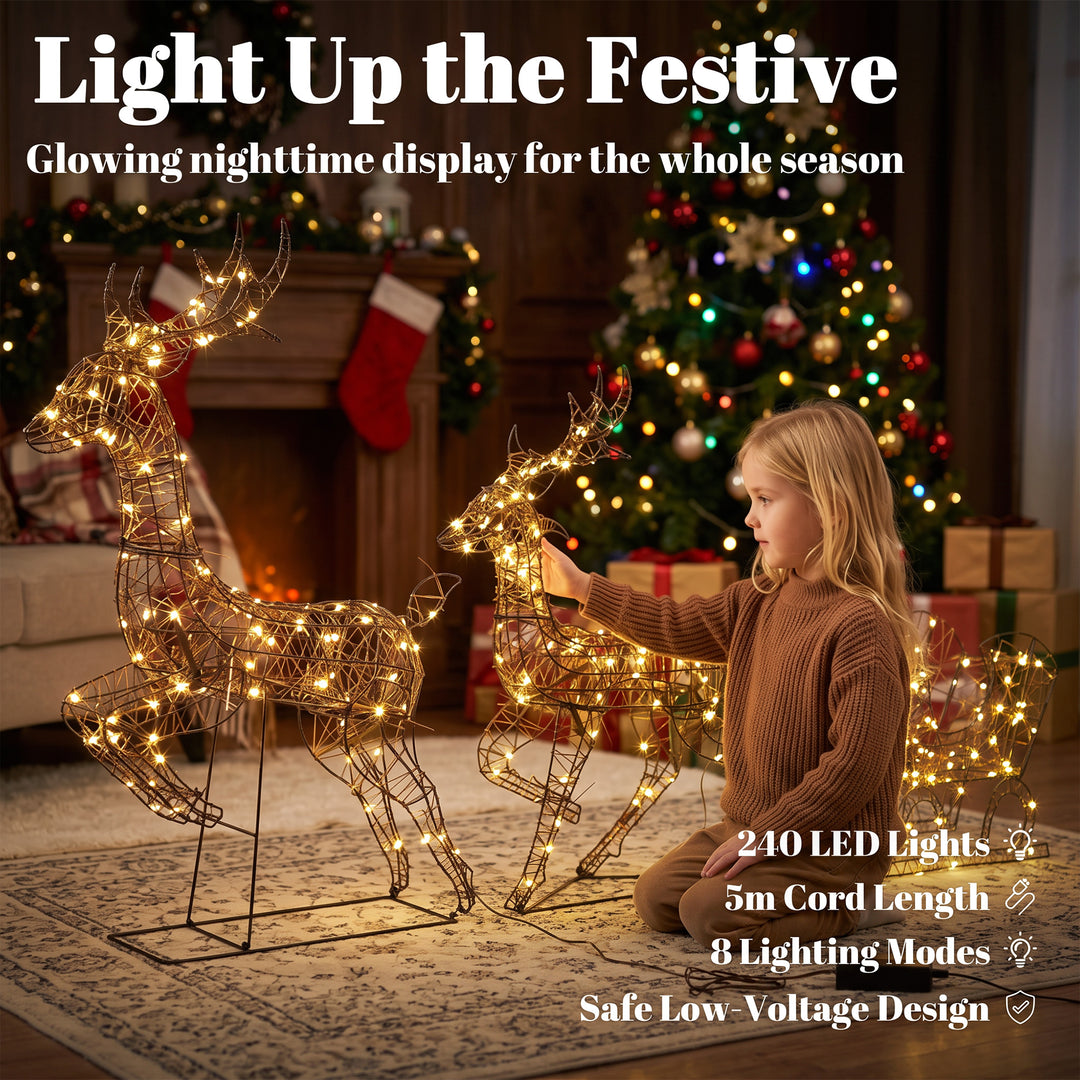 3-Piece Lighted Reindeer and Sleigh Set, PP Rattan Outdoor Christmas - view 5