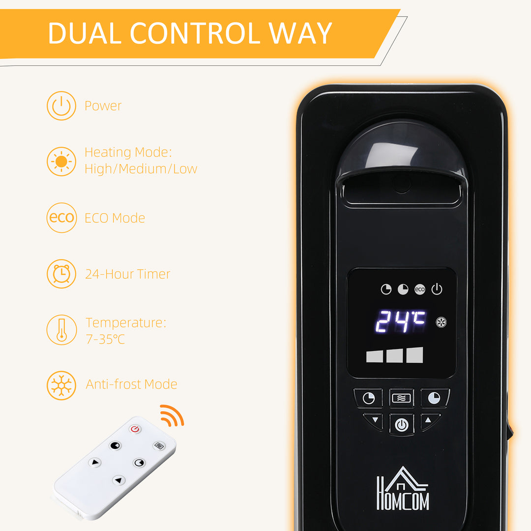 MCL 1500W Digital Oil Filled Radiator, 7 Fin, Portable Electric Heater with LED Display, Built-in Timer, 3 Heat Settings, Safety Cut-Off and Remote Control, Black