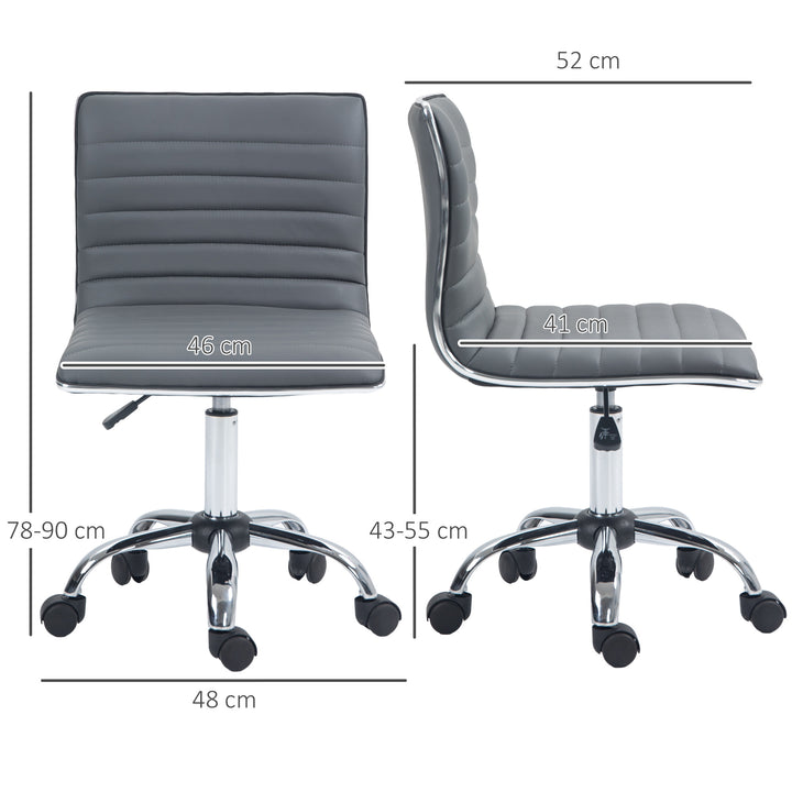 Armless Task Desk Chair, Swivel Office Chair with Faux Leather, Adjustable Seat Height, Chrome Base, Wheels for Home, Dark Grey