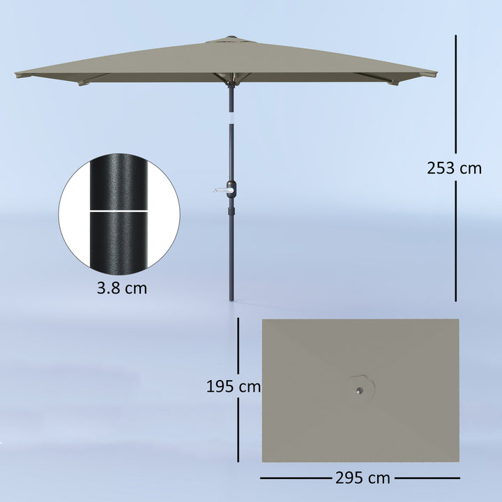 3x2m Patio Parasol Garden Umbrellas Canopy with Aluminium Tilt Crank Rectangular Sun Shade Steel, Light Grey
