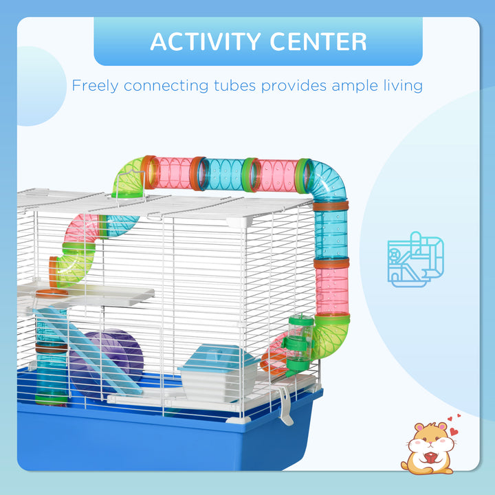 Hamster Cage, Gerbil Cage 3 Tier for Dwarf Hamster with Tube, Exercise Wheel, Water Bottle, Food Dish 59 x 36 x 47 cm- Blue