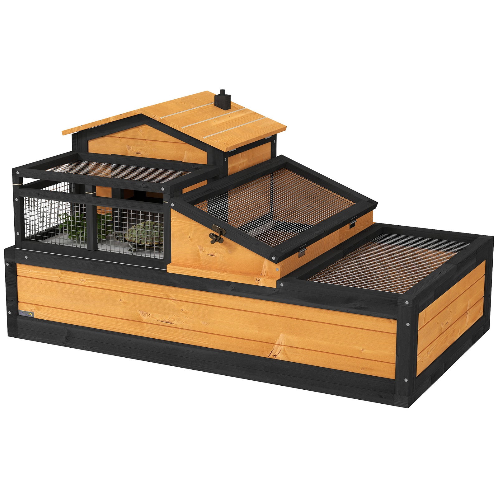 Wooden Tortoise House with Balcony, Tray, Roof, for Indoor and Outdoor, Yellow